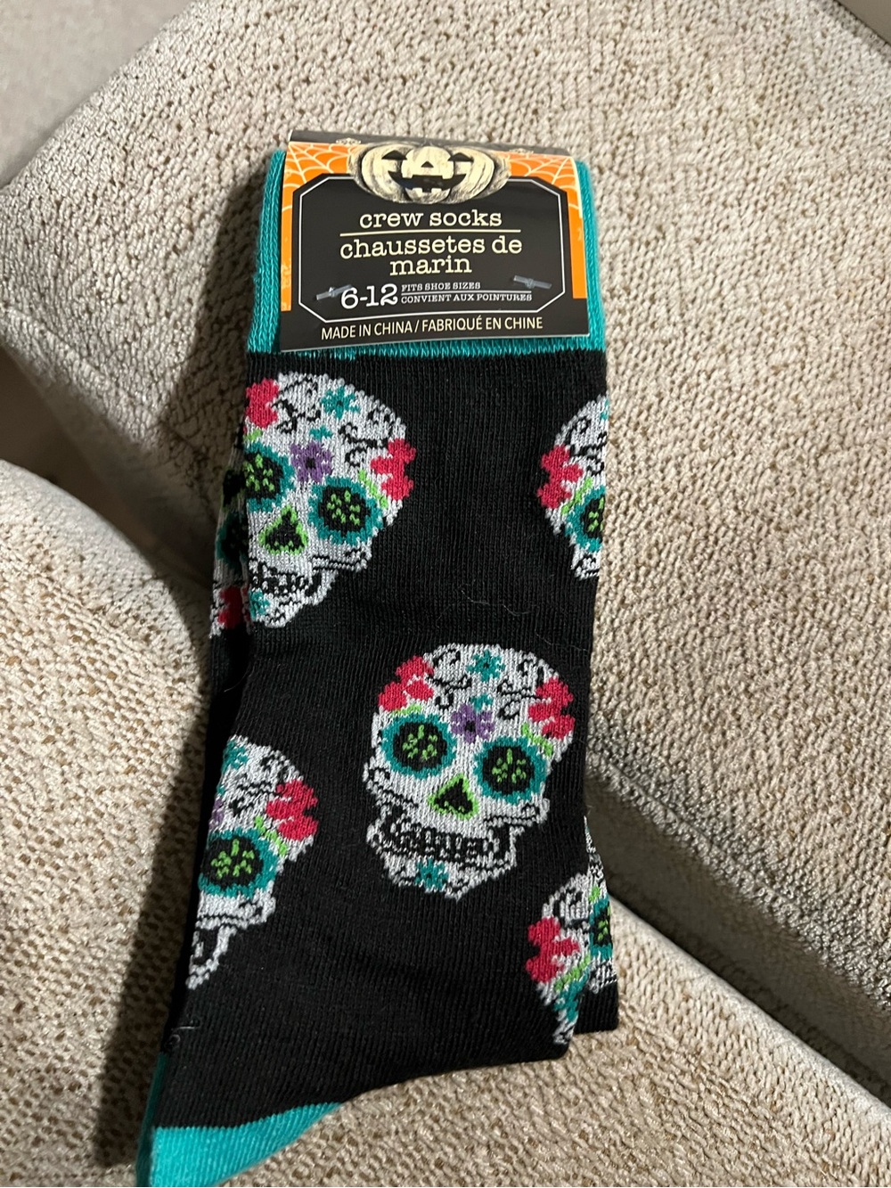 Black  Skull Crew Socks with Teal Accents